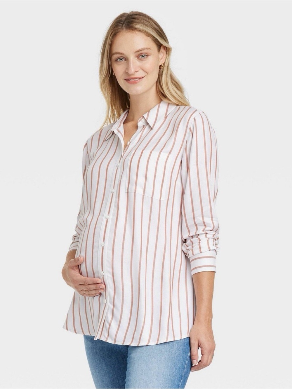 Isabel Maternity White with Rust Stripes Button Down Shirt